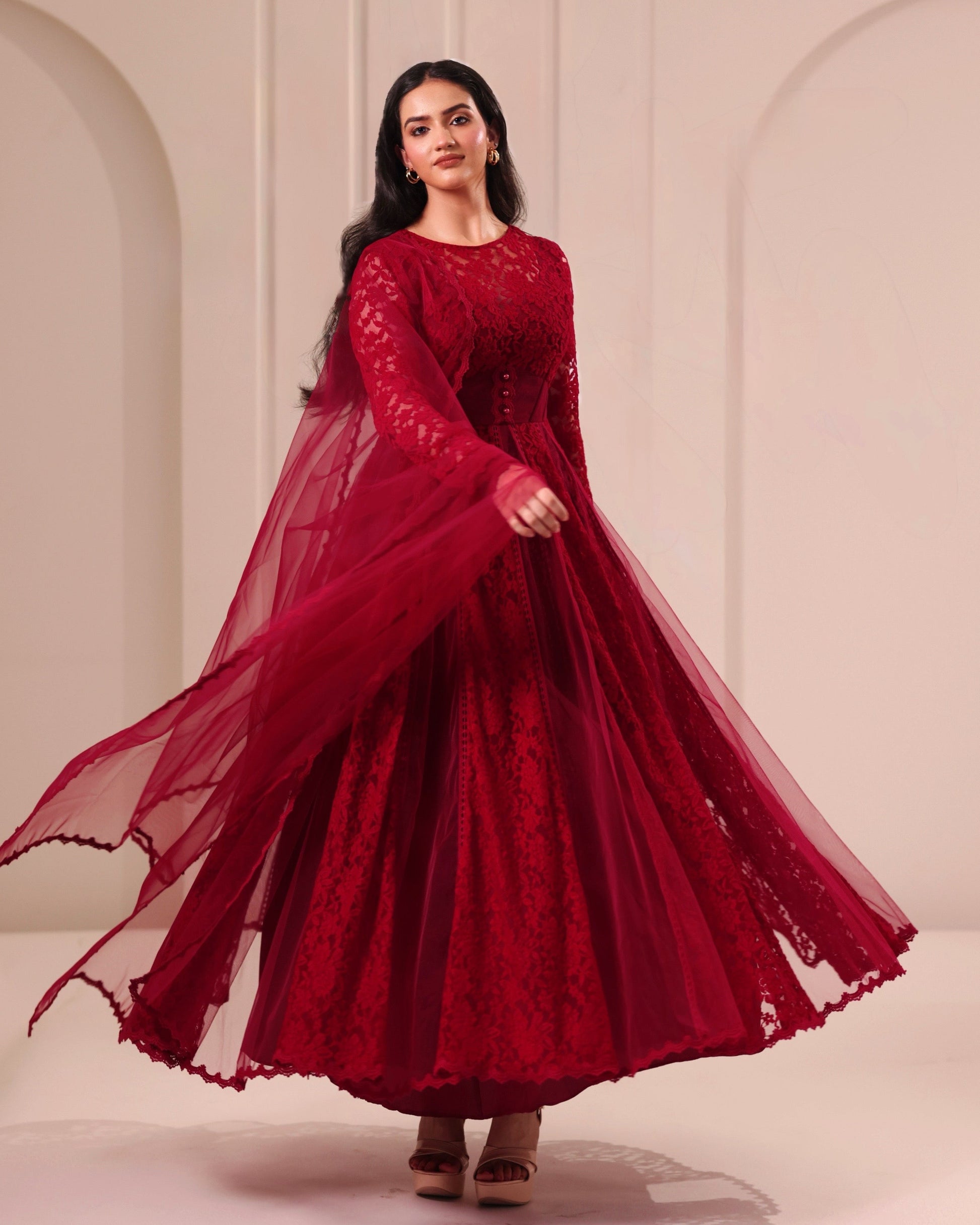 lace anarkali dress Maroon Rayon Diwali Anarkali Suit With Dupatta Sequins Lace Work