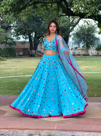 Rani Mukherjee's Blue Mirror Lehenga